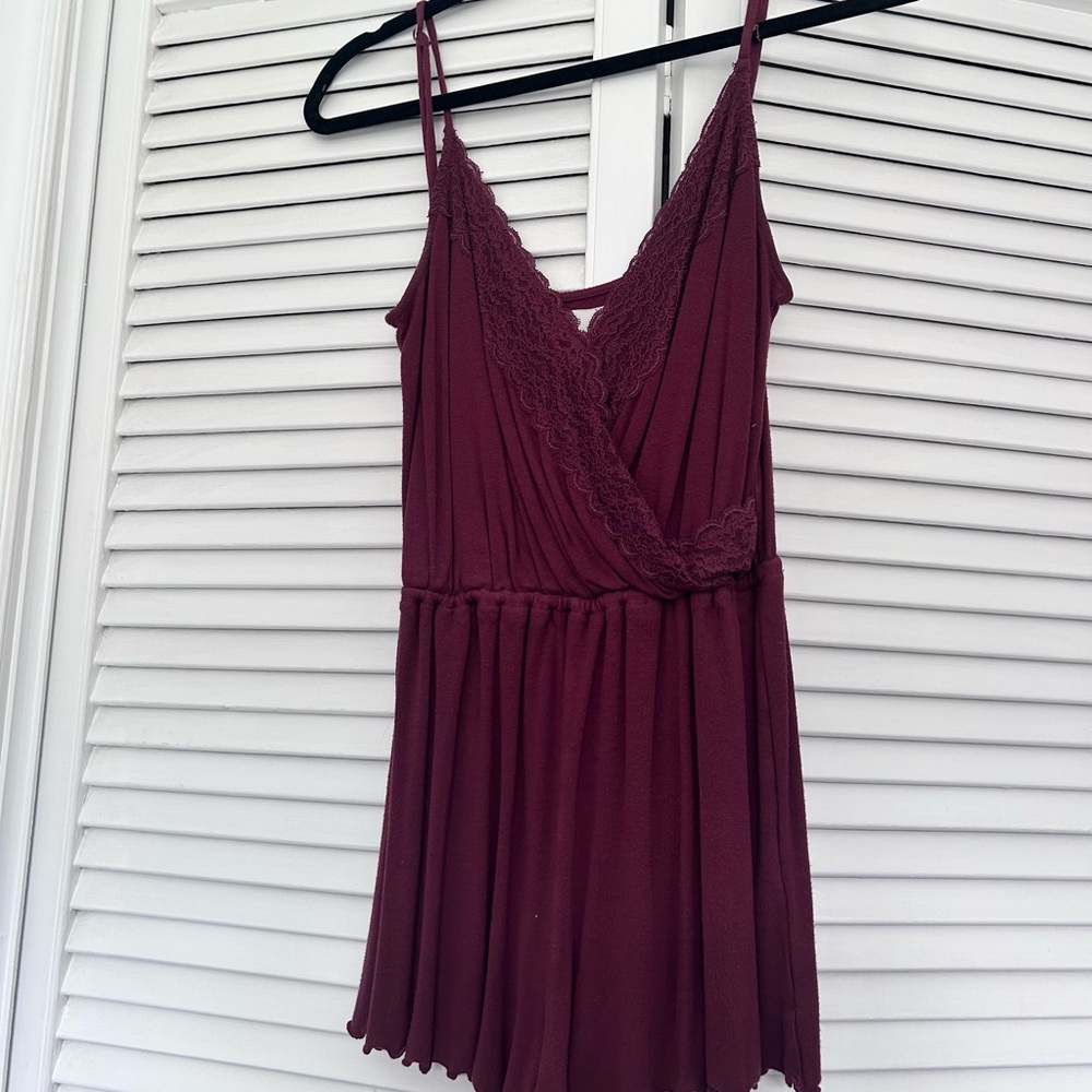 Gilly Hicks Lace-Trim Sleep Romper in Burgundy